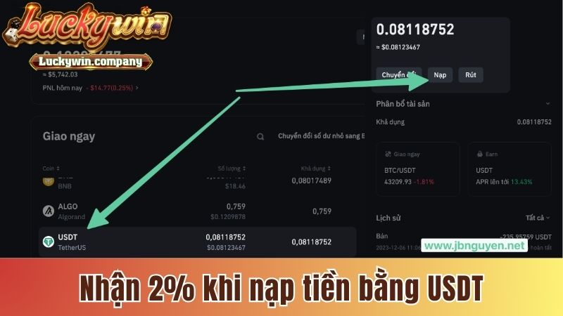 Nhận 2% khi nạp tiền bằng USDT